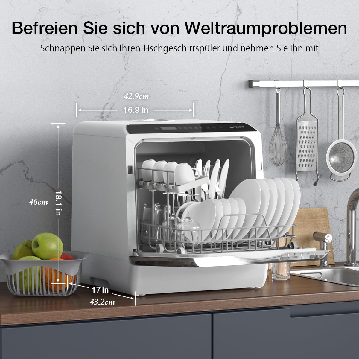 Mini Spülmaschine, BLITZHOME Mini Geschirrspüler App Steuerung, 6 Programme Tragbarer Smart Tischgeschirrspüler mit 5L Wassertank, mit/ohne Wasseranschluss Benutzbar, Trockenfunktion, für Camping