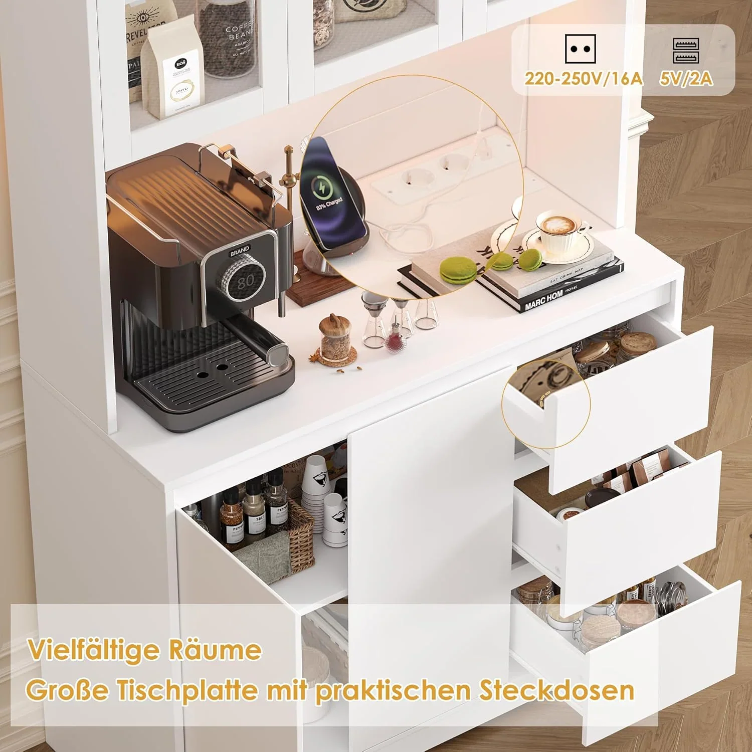 Alacena de cocina FirFurd con LED y regleta, aparador de cocina con encimera y 3 cajones, buffet de cocina con estante ajustable, aparador para cocina, 180x100x38.5 cm, blanco