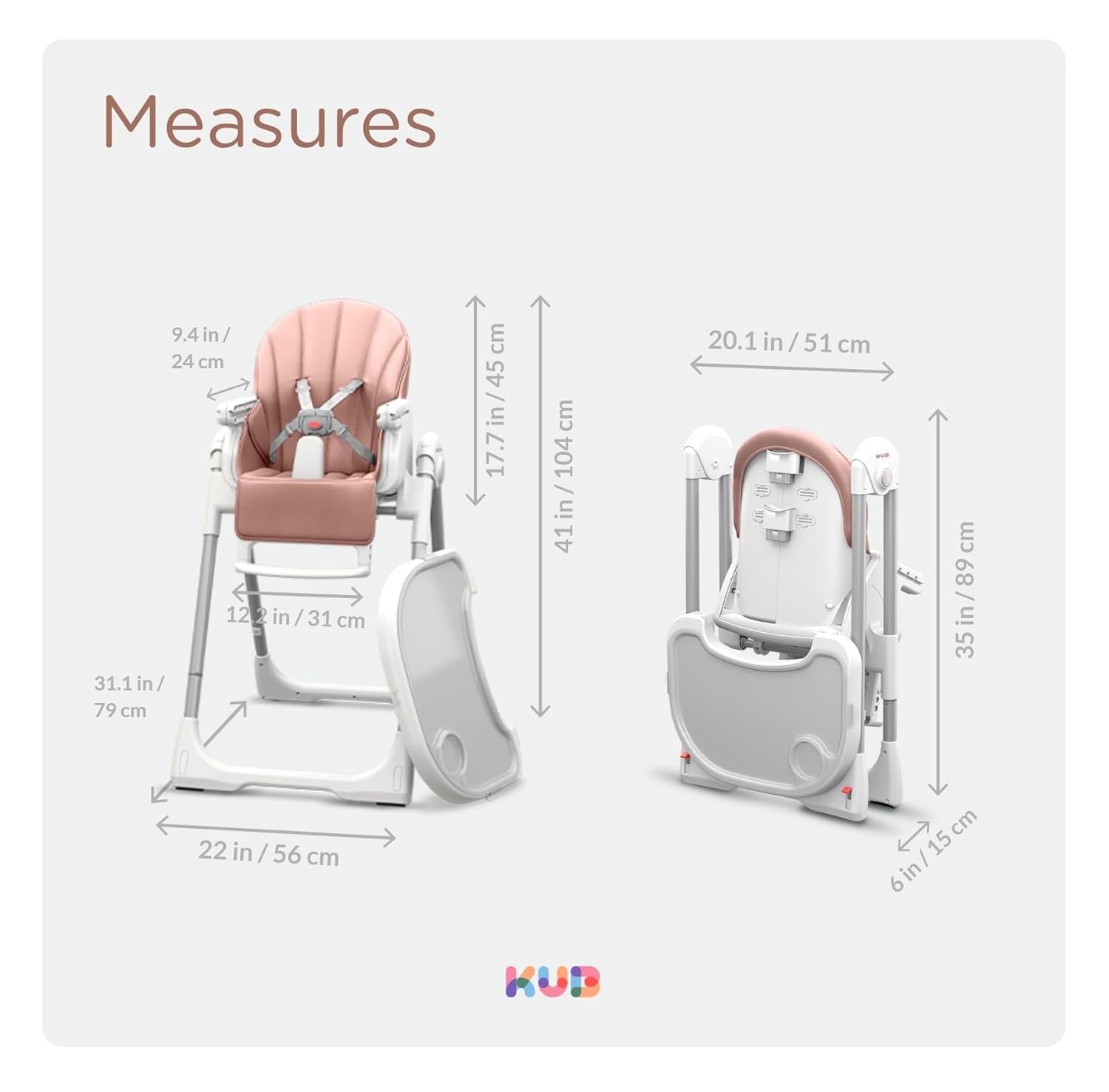 JBG Foldable Baby High Chair, Grey Faux Leather, Adjustable Height & Recline, Removable Tray, Locking Wheels, 5-Point Harness