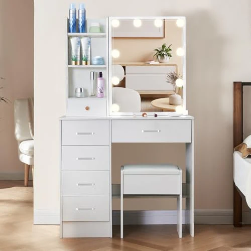 Saihemei Scrivania da trucco con specchio e 3 modalità di illuminazione, sgabello, 6 cassetti e ripiani – Mobiletto per cosmetici da camera da letto : Amazon.it: Casa e cucina