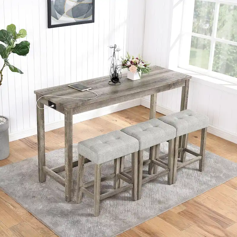 Bar Dining Table Set and 3 Bar Stools with Power Outlet Kitchen Breakfast Nook Wooden Dining Table Chairs Sets