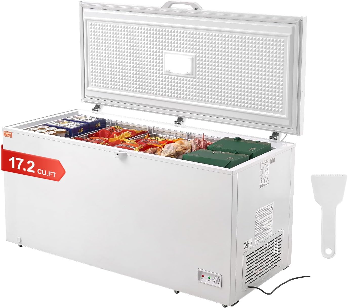 VEVOR Congelador Horizontal Grande de 488 L y 4 Cestas Extraíbles Independientes con Puerta Abierta Superior con Tapa de Bloqueo Temperatura Ajustable de 7 Niveles Iluminaciones LED 6 Ruedas