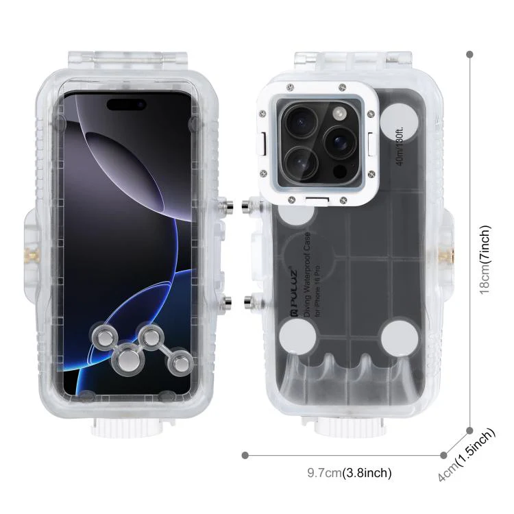 For iPhone 16 Pro PULUZ 40m/130ft Waterproof Diving Case Photo Video Taking Underwater Housing Cover, For iPhone 16 Pro(Transparent)