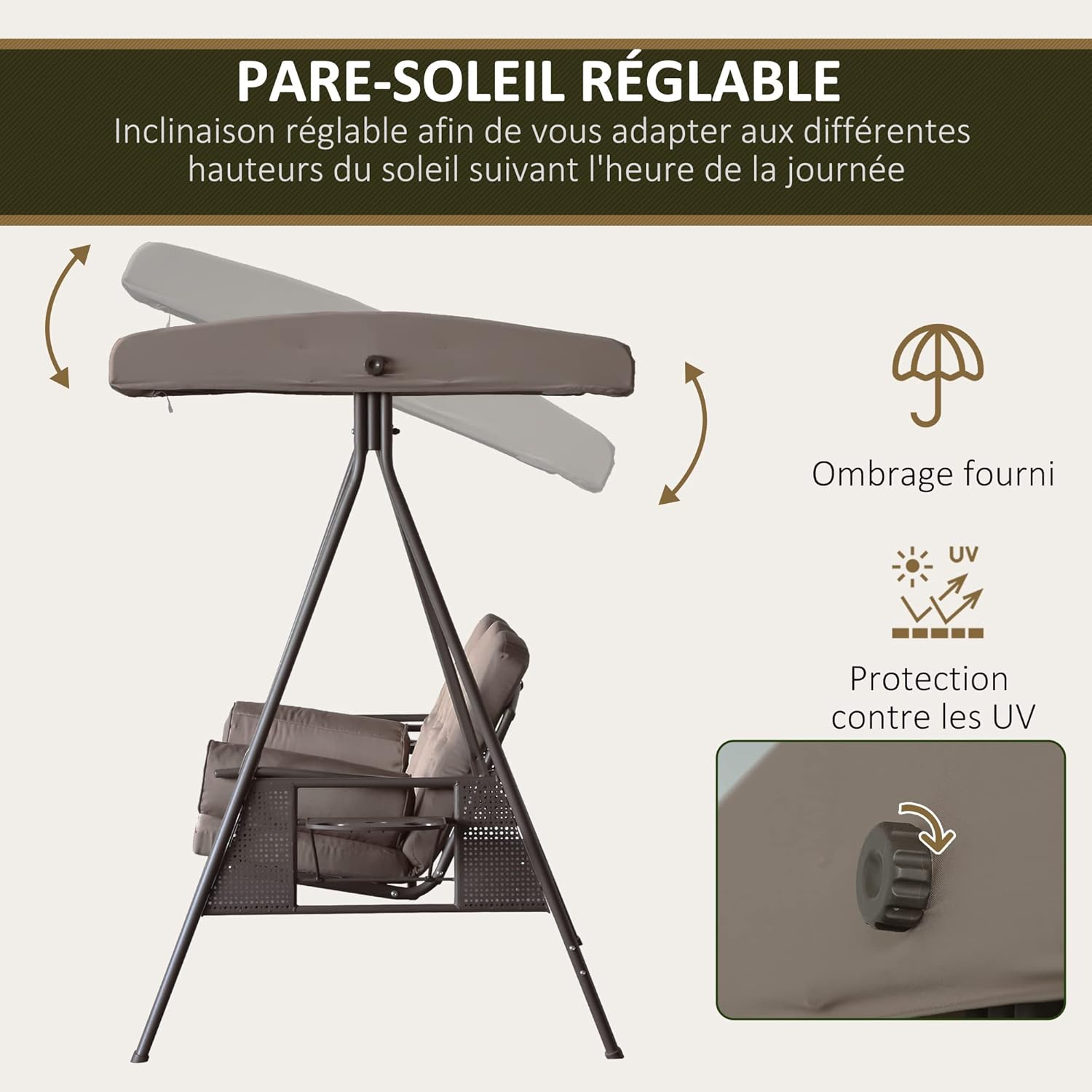Outsunny 3-Sitzer Gartenschaukel Hoher Komfort Verstellbare Neigung Dach Kissen Versenkbare Tabletts Polyester Garn Beige