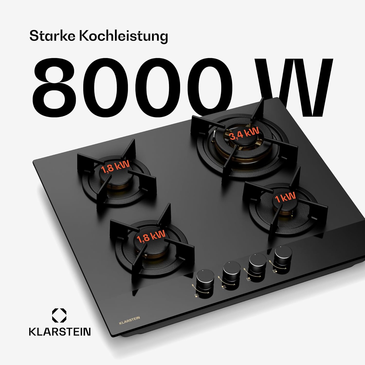 Klarstein Gasherd, Gaskochfeld 5 Flammen, Einbau-Gaskocher für Zuhause & Wohnmobil, Campingkocher mit Glasplatte, Gasherd für Propan- und Erdgas, Edelstahl Gas-Herdplatte Wok Brenner 10400 Watt