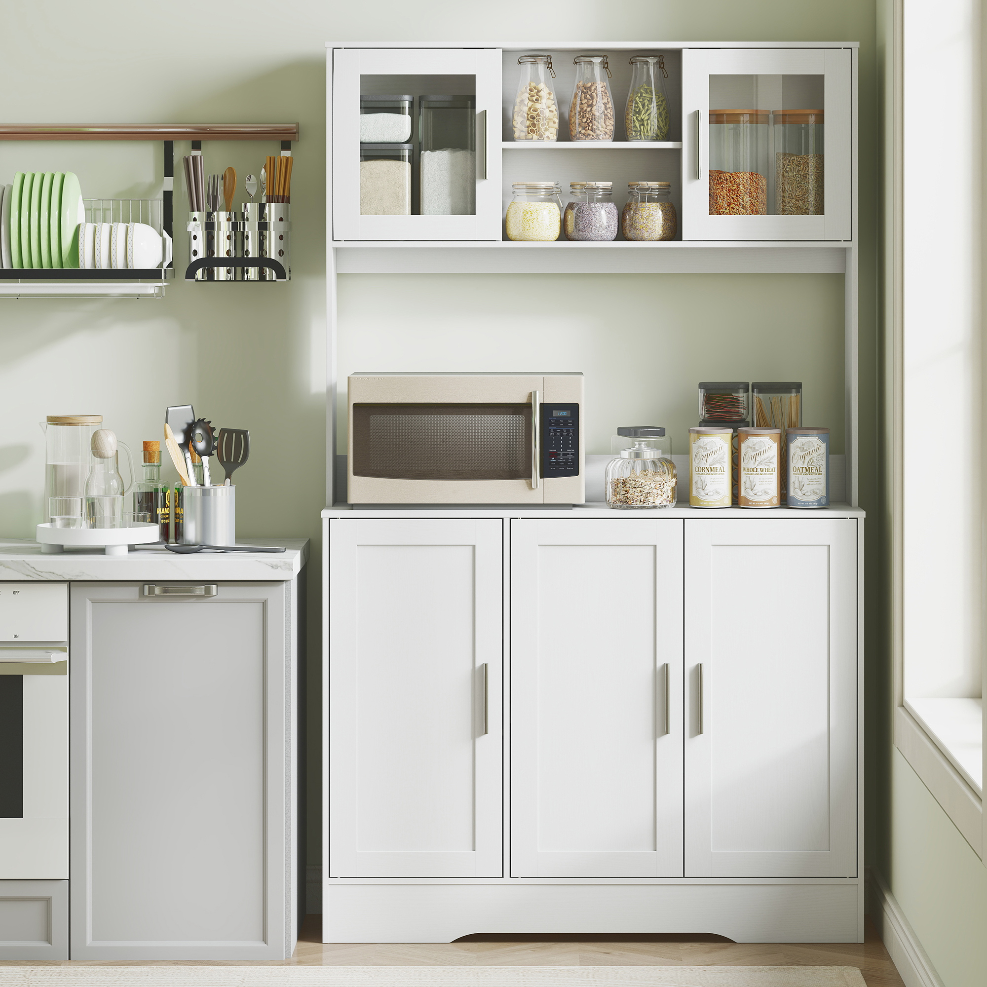 HOMCOM Keukenkast, Scandinavisch Design, 4 Kasten, Verstelbare Planken, Glazen Deuren, Open Vak, Spaanplaat, MDF, Wit