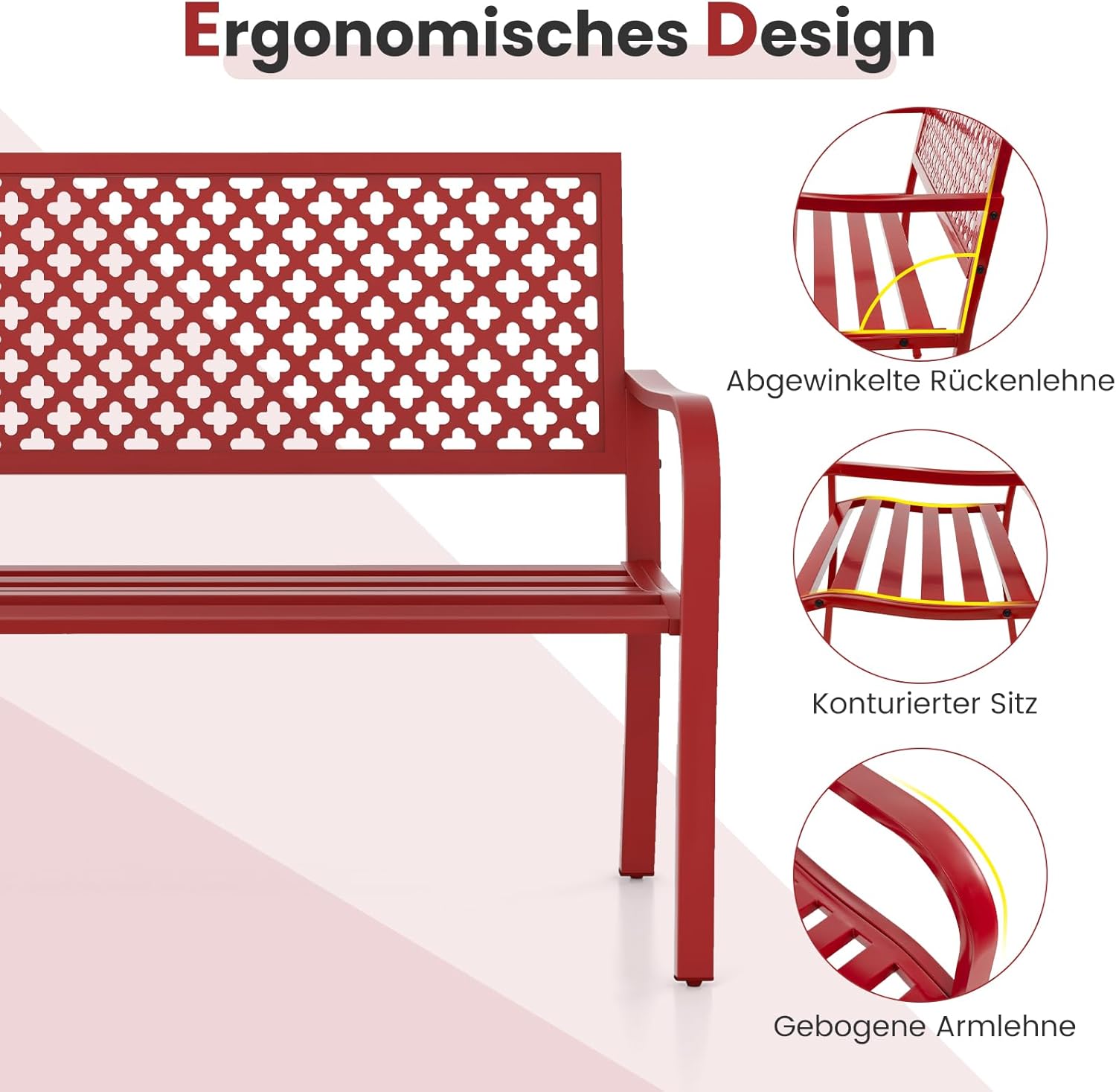 COSTWAY Gartenbank Metall, wetterfeste Sitzbank für 2-3 Sitzer, Parkbank mit Rückenlehne & Armlehne, Metallbank bis 300 kg belastbar, Eisenbank für Garten, Terrasse, Balkon, 127 x 62 x 86 cm (Rot)