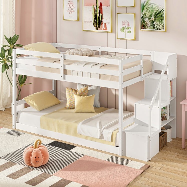 Twin Over Twin Low Bunk Bed with Storage Stairs Solid Wood Floor Bunk Bed Frame