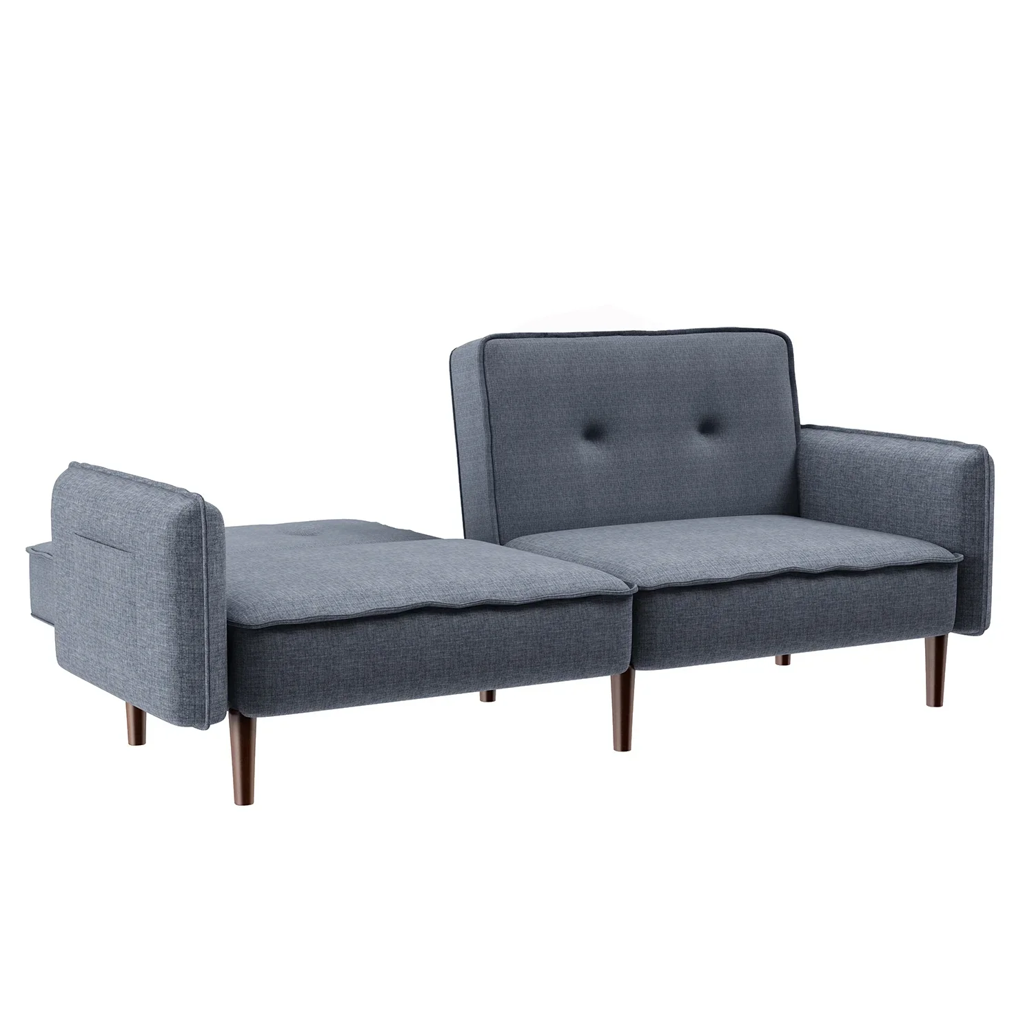 Sofá Futón Moderno Gris de Tela con Patas de Madera Sólida, Cama Convertible con Almohadas de Acento