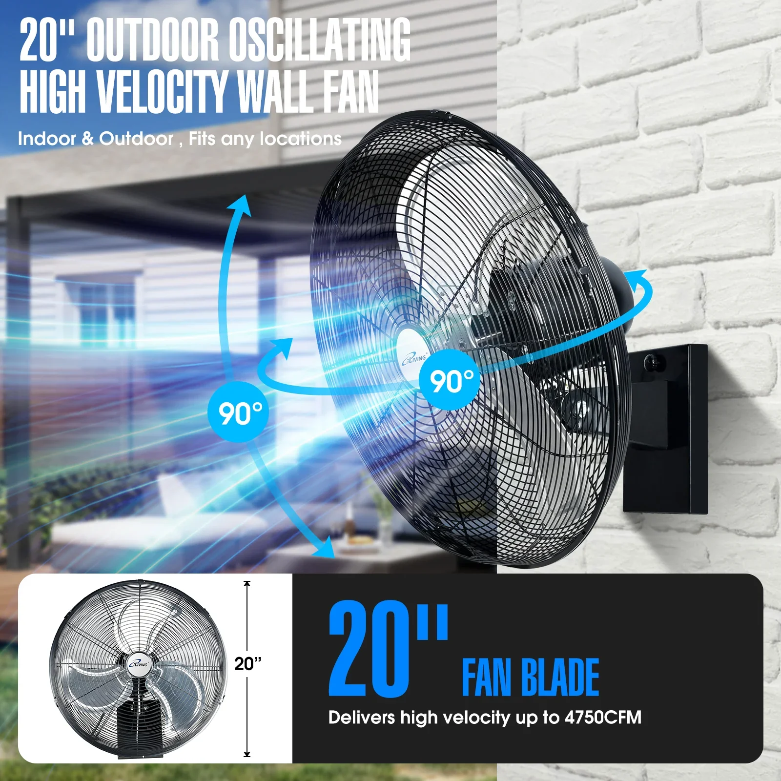 2025 Ventilador mural oscilante de alta velocidad iLIVING de 20
