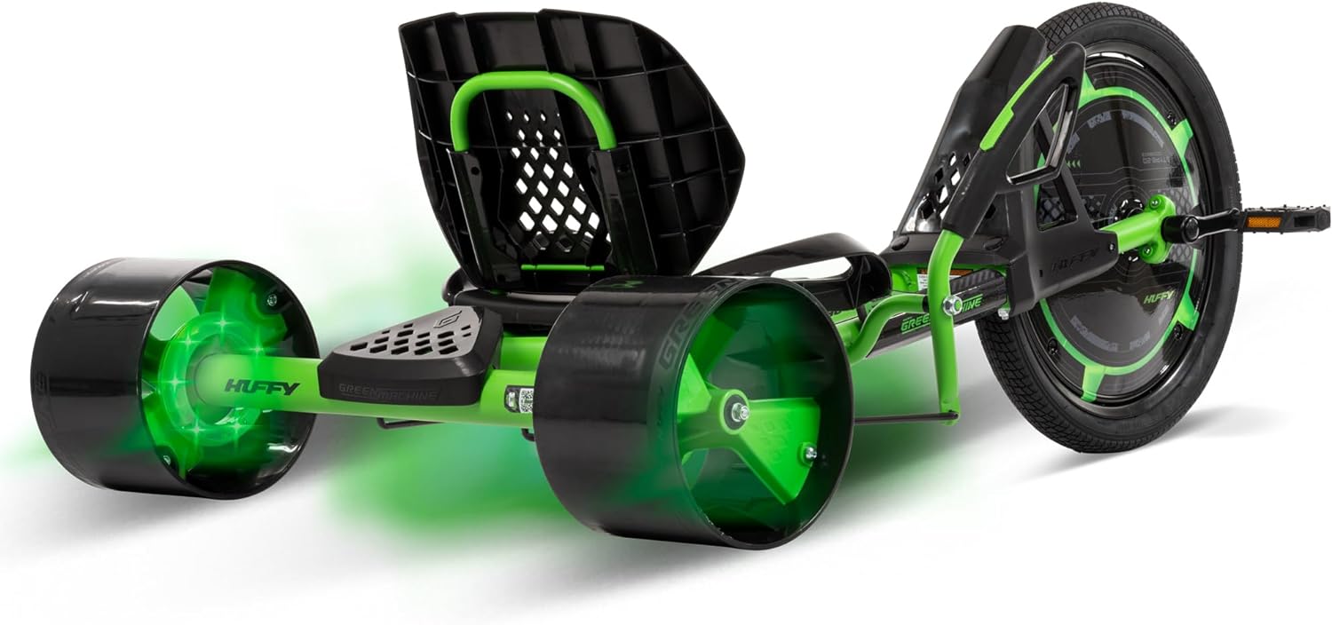 20-inch drift tricycle, with smooth lines and comfortable design, adjustable seat, sturdy steel frame, easy to operate, suitable for children over 8 years old, equipped with LED lighting and foot brakes, available in green and black colors.