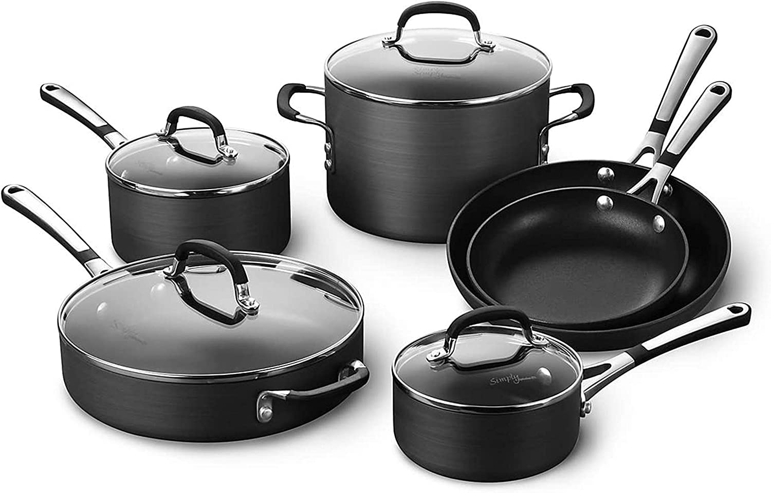 10-Piece Pots and Pans Set, Nonstick Kitchen Cookware with Stay-Cool Stainless Steel Handles, Black