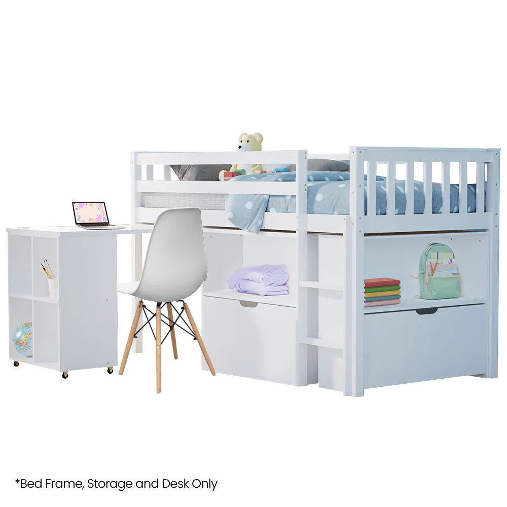 KINGSTON SLUMBER Wooden Kids Single Loft Bed Frame with Pull Out Desk, Storage Drawers - White