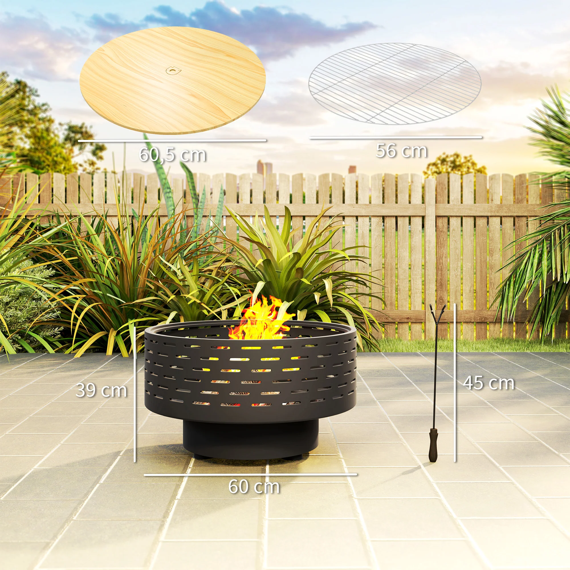 Outsunny 3-in-1 Vuurschaal Ø60 x 39cm van Roestvrij Staal met Grillrooster, Vonkenbescherming en Vuurhaak Steenkoolgrijs