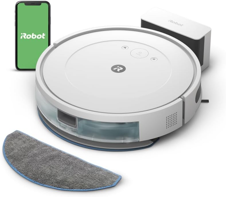 iRobot Roomba Combo Essential Robotstofzuiger en -dweil (Y0112), krachtig zuigen en dweilen, 4-staps reinigingssysteem, 3 zuigniveaus, Spot-Cleaning, bestuurbaar via app, knoppen of spraak, wit