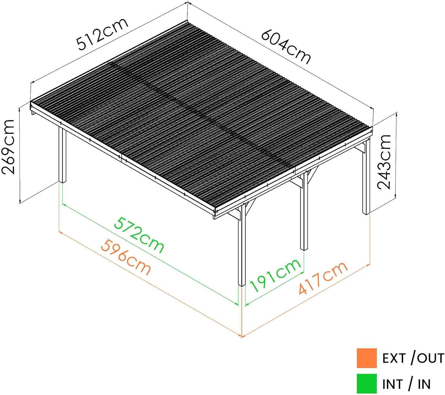 Forest Style Double Victor Carport 31 m² (6.05 x 5.12 x 2.54 m) – Treated Pine Wood – Polycarbonate Roof – Covered Parking for 2 Cars – Robust and Sturdy Structure