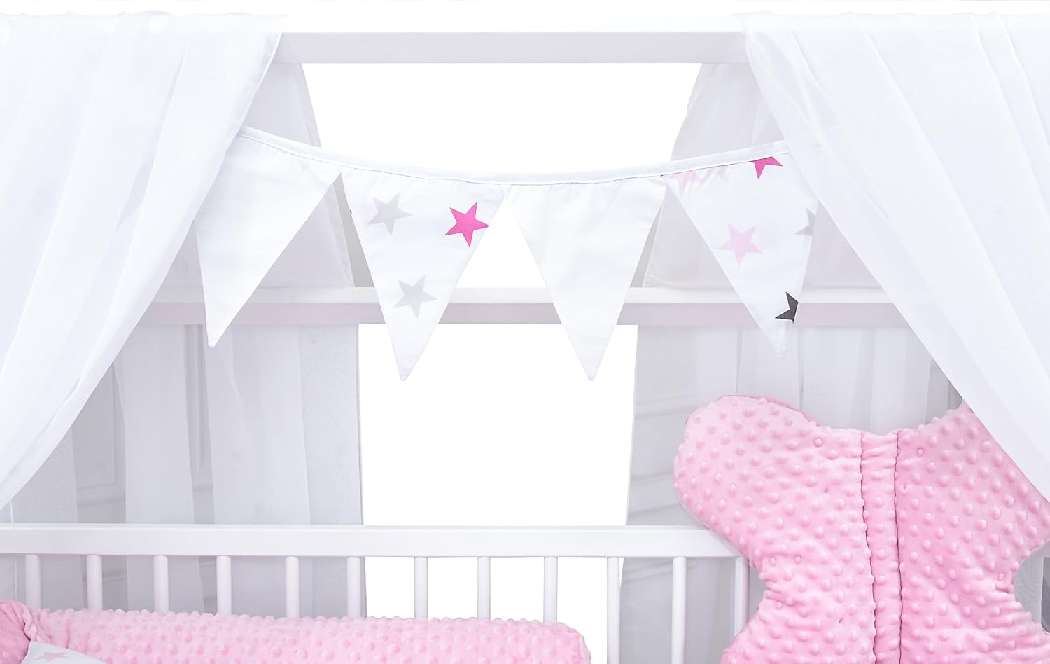 Baby Delux Babybett Komplett Set Hausbett 60x120 cm weiß Schublade Rausfallschutz Kinderbett Matratze Bettwäsche Deko Set (Prince Stars)