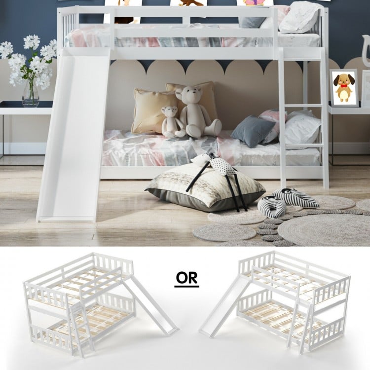 Twin Over Twin Bunk Wooden Low Bed with Slide Ladder for Kids