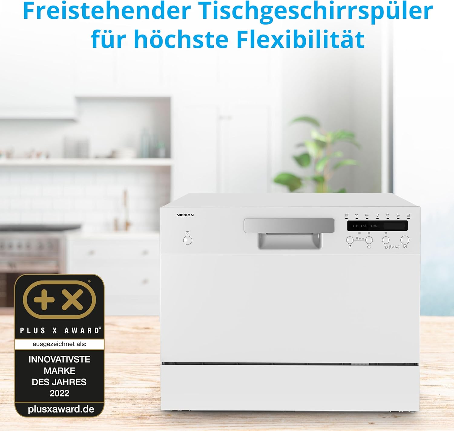 MEDION Tischgeschirrspüler DWT60 (6 Gedecke Fassungsvermögen, 7 Programme, ECO Programm, ca. 6,5 Liter Verbrauch, AquaStop, LED Display, Kindersicherung, MD37496) silber