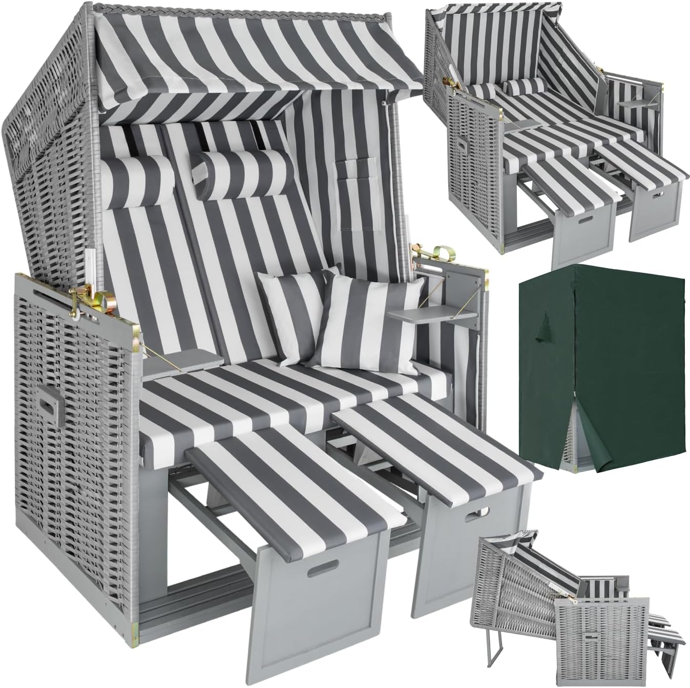 tectake® Strandkorb, Strandkorb Ostsee 2-Sitzer, verstellbare Rückenlehne, Volllieger mit Fußbänkchen und Seitentische, inkl. Schutzhülle & Kissen, Ideal für Balkon, Garten und Terrasse - grau/weiß