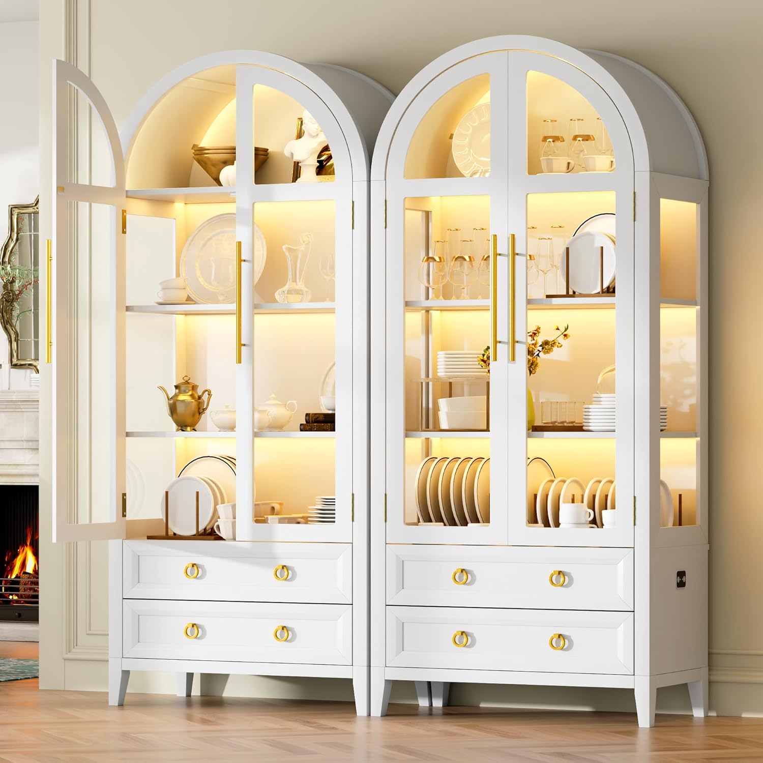 LVSOMT Gewölbte Glasvitrine mit LED Beleuchtung, 180cm Vitrinenschrank mit Glastüren, Bogen Vitrine mit 4 Display Regale und 2 Schubladen, 3 Farbe Licht, Vitrine Glas Holz Wohnzimmer Flur, Weiß