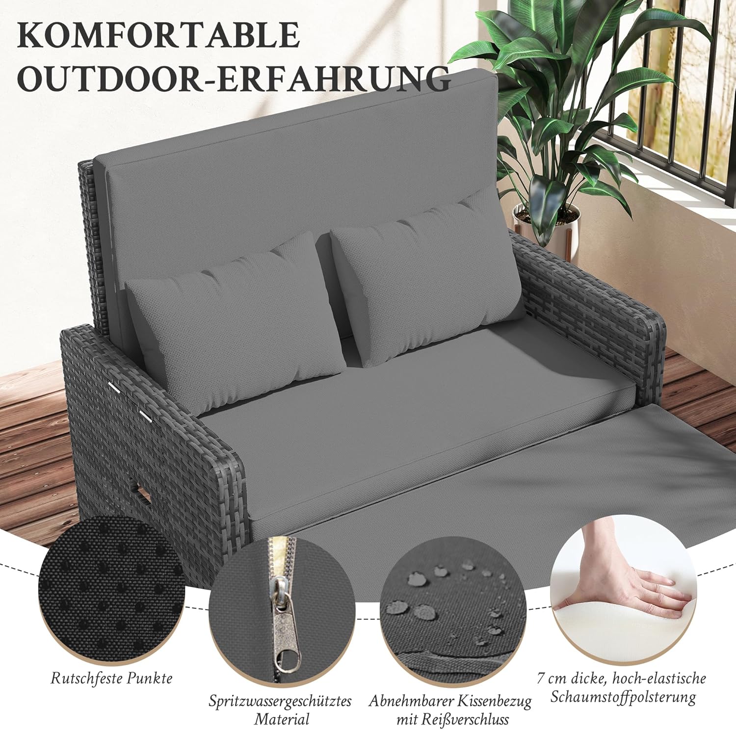 Amopatio Rattan Gartenlounge Outdoor Set, 2-Sitzer Gartensofa mit Verstellbarer Rückenlehne und Stauraum, Wetterfestes Lounge Möbel für Balkon und Terrasse, mit Hocker und Kissen, Grey