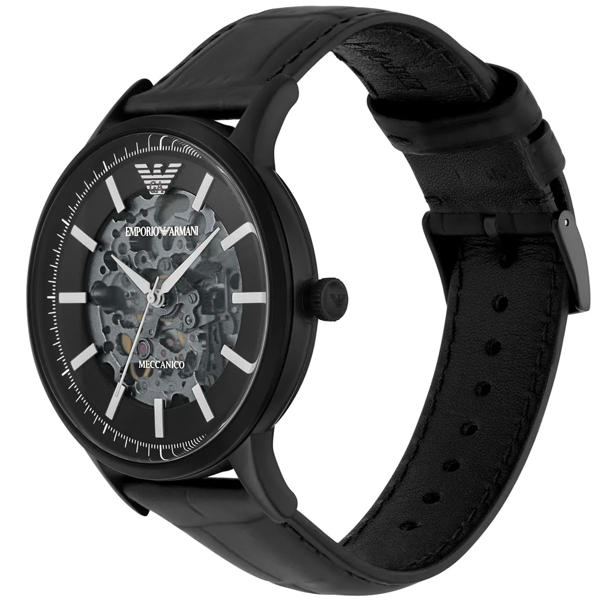 Emporio Armani Renato Automatic Skeleton Black Genuine Leather Men's Watch - AR60042
