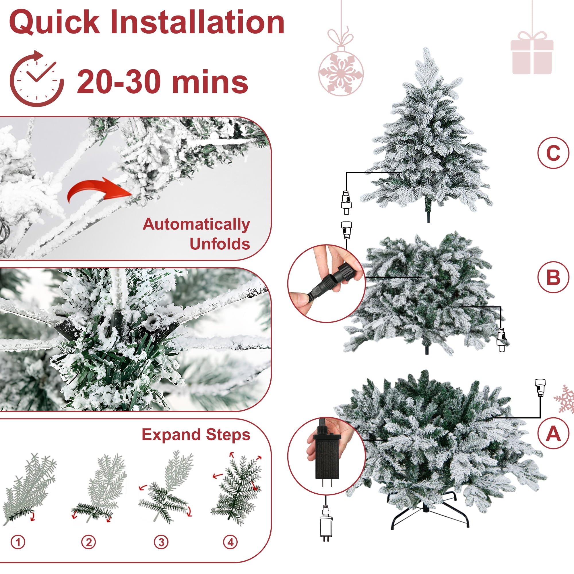 Vrilay 6ft Pre-Lit Snow Flocked Artificial Christmas Tree w/ 1000 Tips 300 Lights, Gold Ribbon & Snowflake Christmas Decorations
