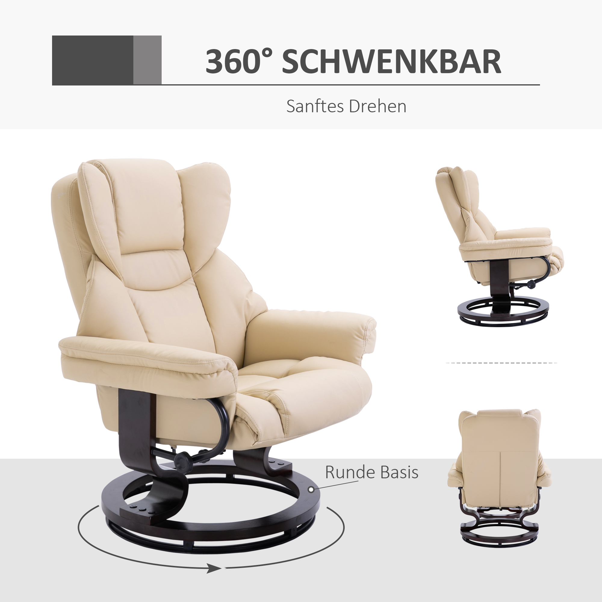 Fauteuil met kruk, ligfunctie, draaibaar, tot 160 kg, kunstleer, metalen frame, cr��me, 80 x 79 x 100 cm