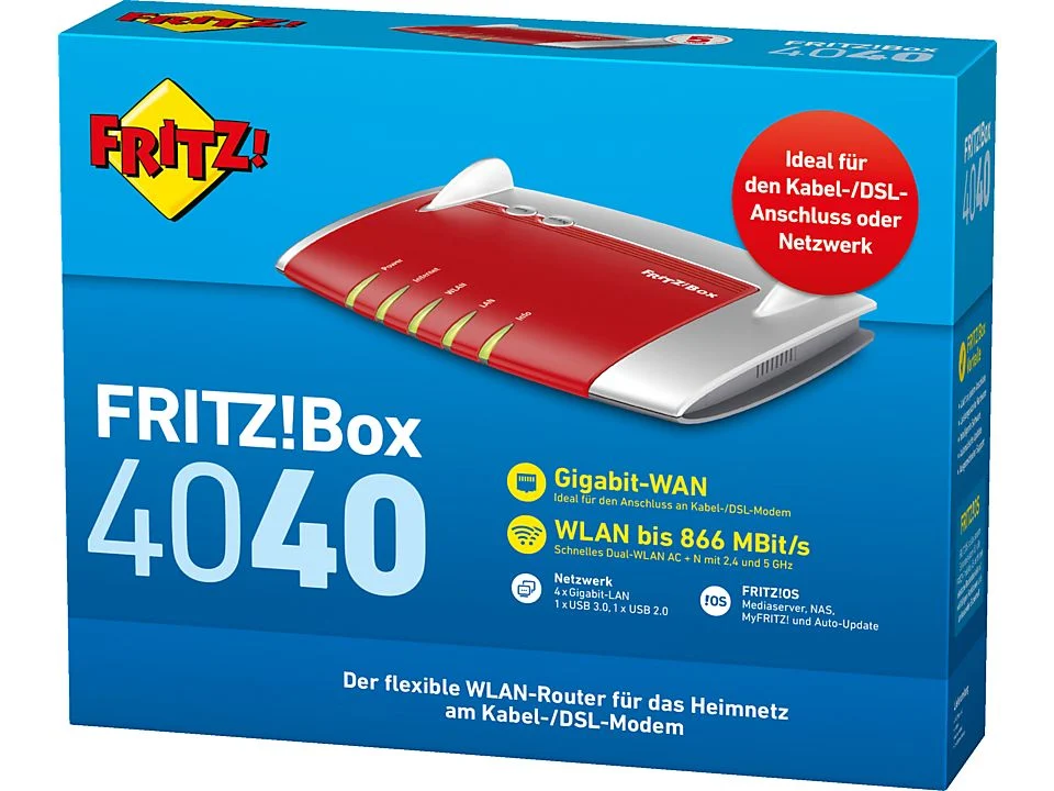 2025 FRITZ!Box 4040 Router WiFi AC+N Dual Band | Compatible con módem DSL, cable y fibra | 4 Puertos LAN Gigabit, USB 3.0, Red de Invitados, NAS y Control Parental