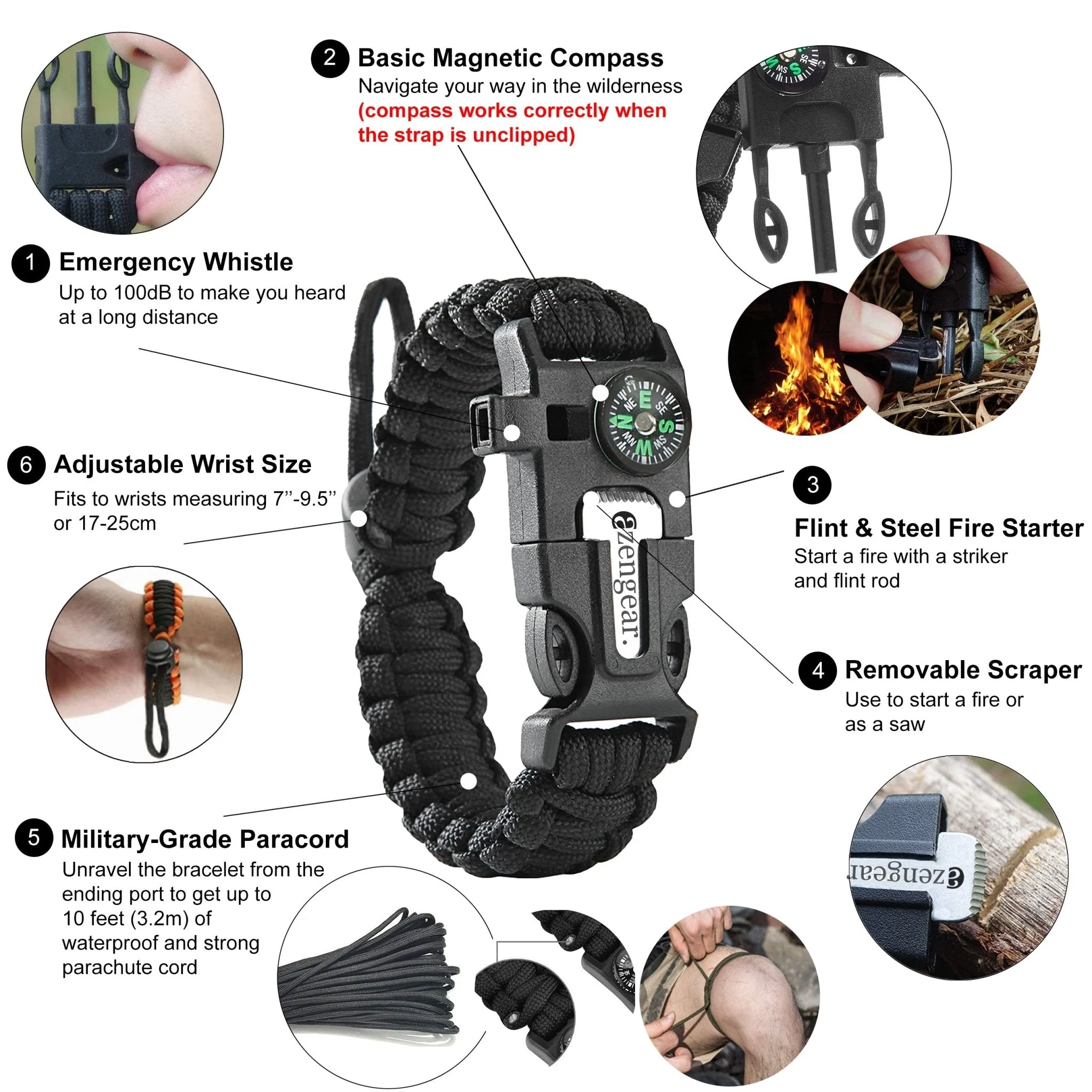 Paracord Survival Bracelet (2 Pack) | Flint & Steel Fire Starter, Whistle, Compass