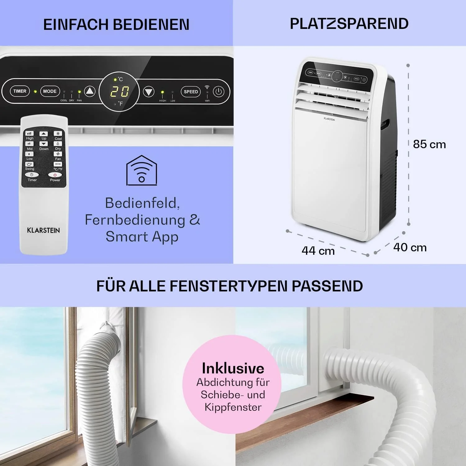 Klarstein Mobile Klimaanlage mit Abluftschlauch, 4-in-1 Klimagerät mit Ventilator, Luftentfeuchter & Nachtmodus, Kleine & Portable Klimaanlage für Wohnung & Büro, Niedriger Verbrauch, 9000 BTU