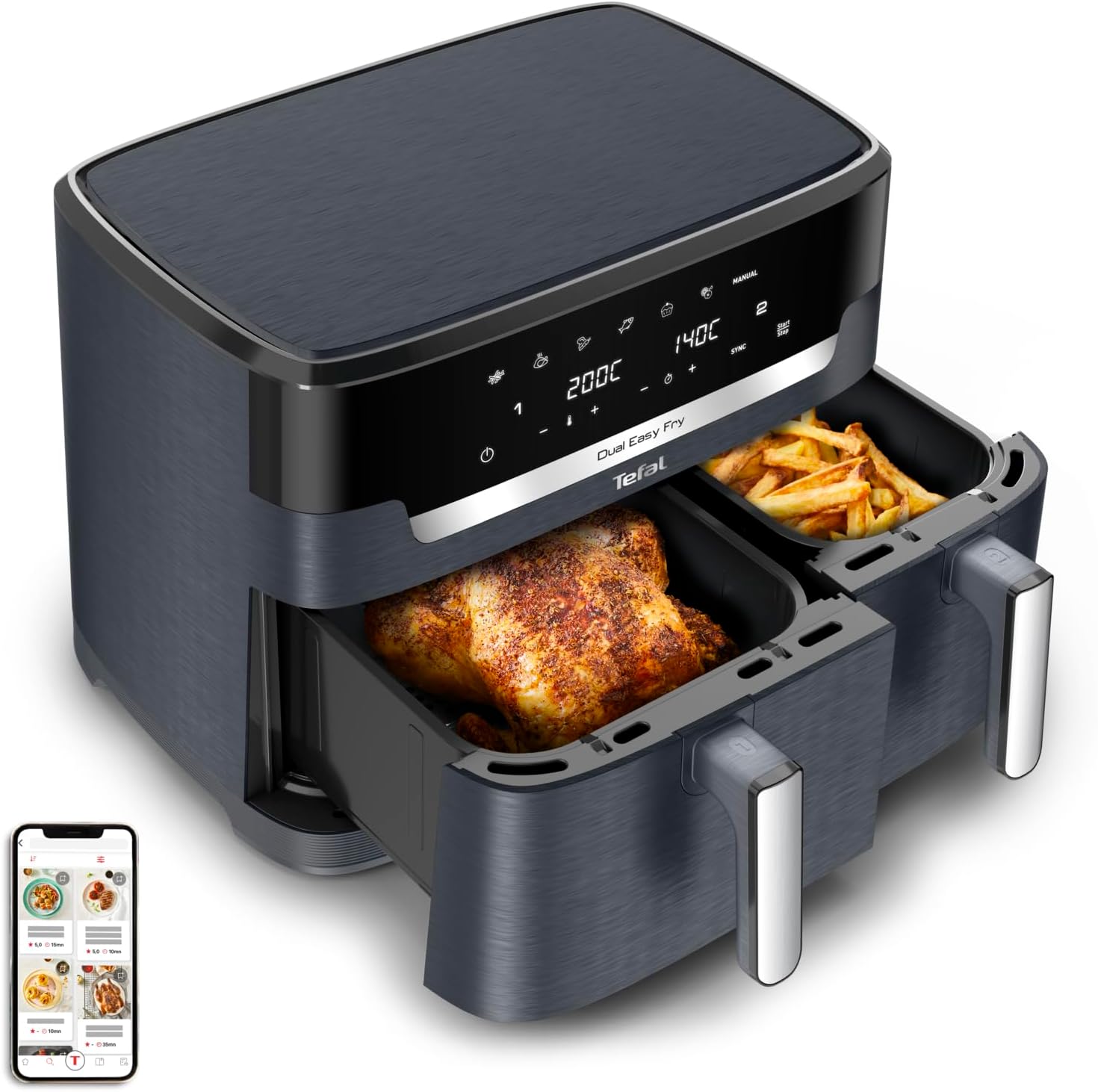 Tefal Dual Easy Fry Heißluftfritteuse Doppelkammer, 5,2/3,1 L Fassungsvermögen, zwei unabhängige Schubladen, 7 automatische Programme, energiesparend, schwarz, EY9018