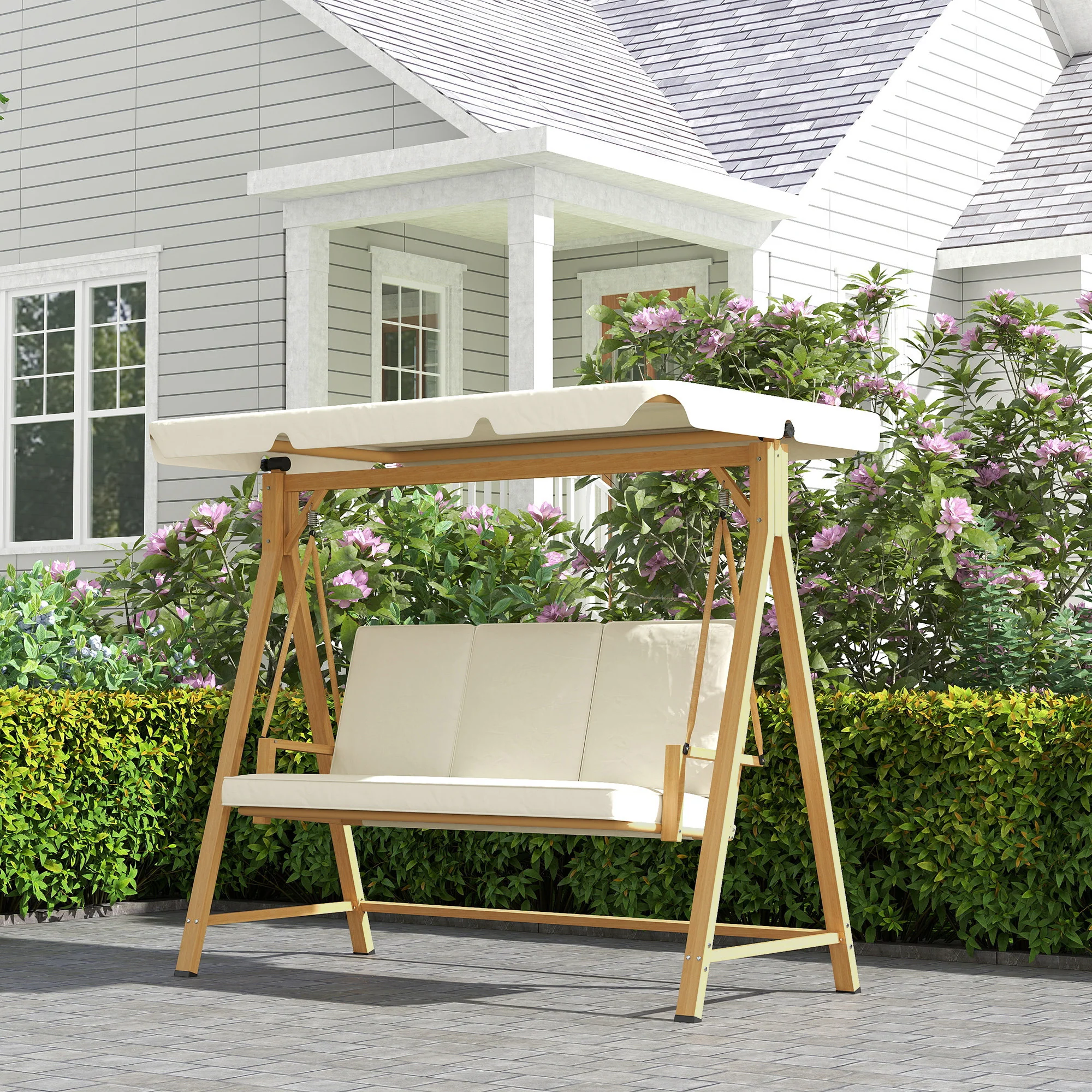 Outsunny Tuinschommel met Verstelbaar Zonnedak en Gewatteerde Zitting, 3-zits tot 330kg, 198 x 120 x 170cm, Beige