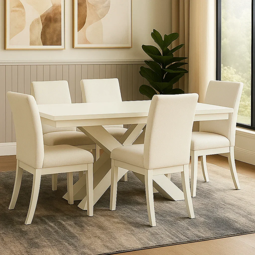 6-personers spisebordsst, tr og stof, cremefarvet, rektangulrt bord med X-formet base, fast struktur, bord 160x90x75 cm og stol 48x52x93 cm, til indendrs spisning - YfO0NCg172mP