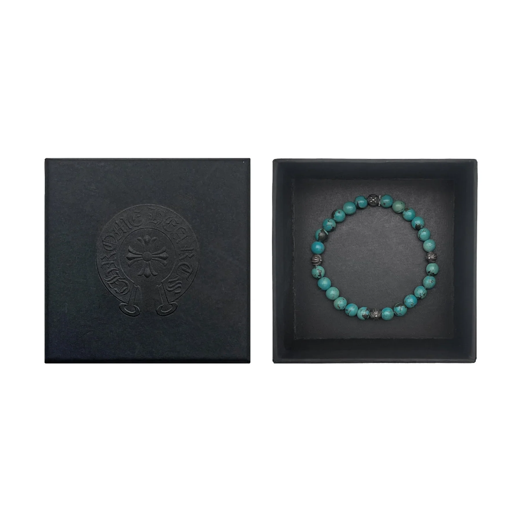 Chrome Hearts 6mm Turquoise Beaded 4 Silver Cross Ball Bracelet
