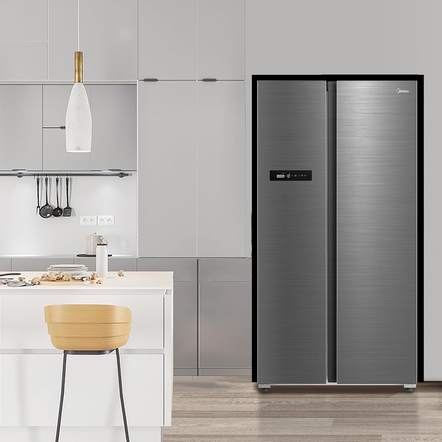 Midea KS-DDX 6.32 WT Side-by-Side Kühl-/Gefrierkombination/ 178,8 cm Hhe/ 254 kWh/Jahr/No Frost/Dual Inverter Compressor/mit 3in1 Wasser-/Eisspender und Wassertank, Dark Inox