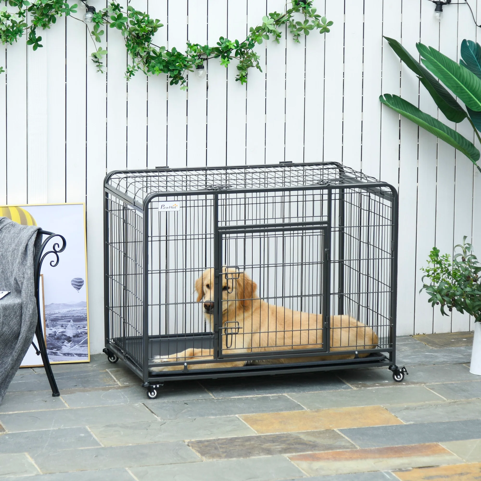 Easycomfort Kennel Gabbia per Cani Pieghevole Doppia Porta con Blocco 4 Ruote con Freno e Fondo Rimovibile, 109.5x71x78cm