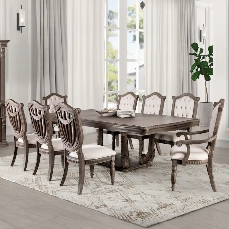 Furniture of America Cassian Classic 9-Piece Expandable Dining Set in Weathered Oak Solid Wood