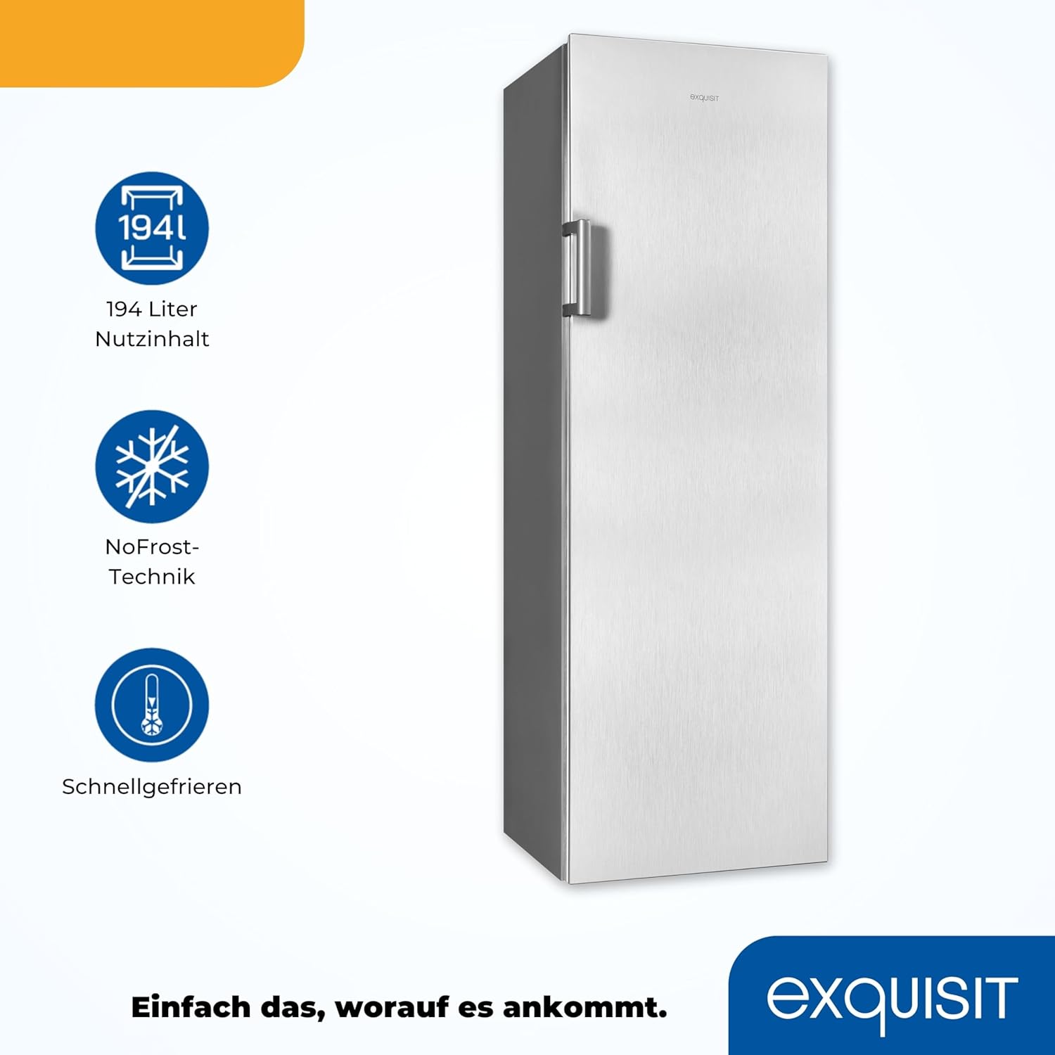 Exquisit Gefrierschrank GS271-NF-H-010E inoxlook | Gefrierschrank NoFrost 194 l Volumen | Tiefkühlschrank mit 5 Schubladen | Schnellgefrieren