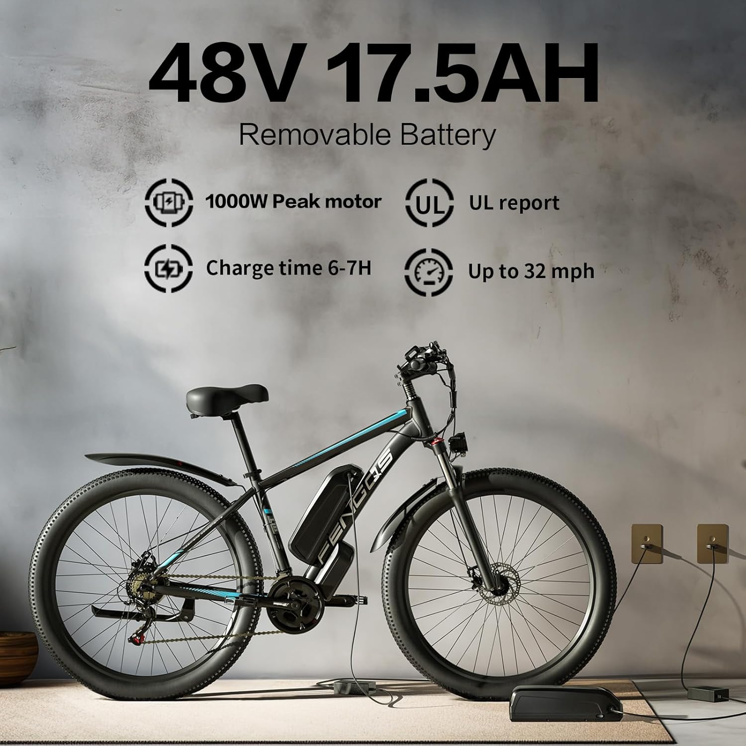FENGQS Electric Bike for Adults,1000W Brushless Motor,21 Speed Gear,32MPH 55 Miles Ebike,48V17.5Ah Removable Battery Electric Mountain Bike,Commuting E Bike with Fork Suspension