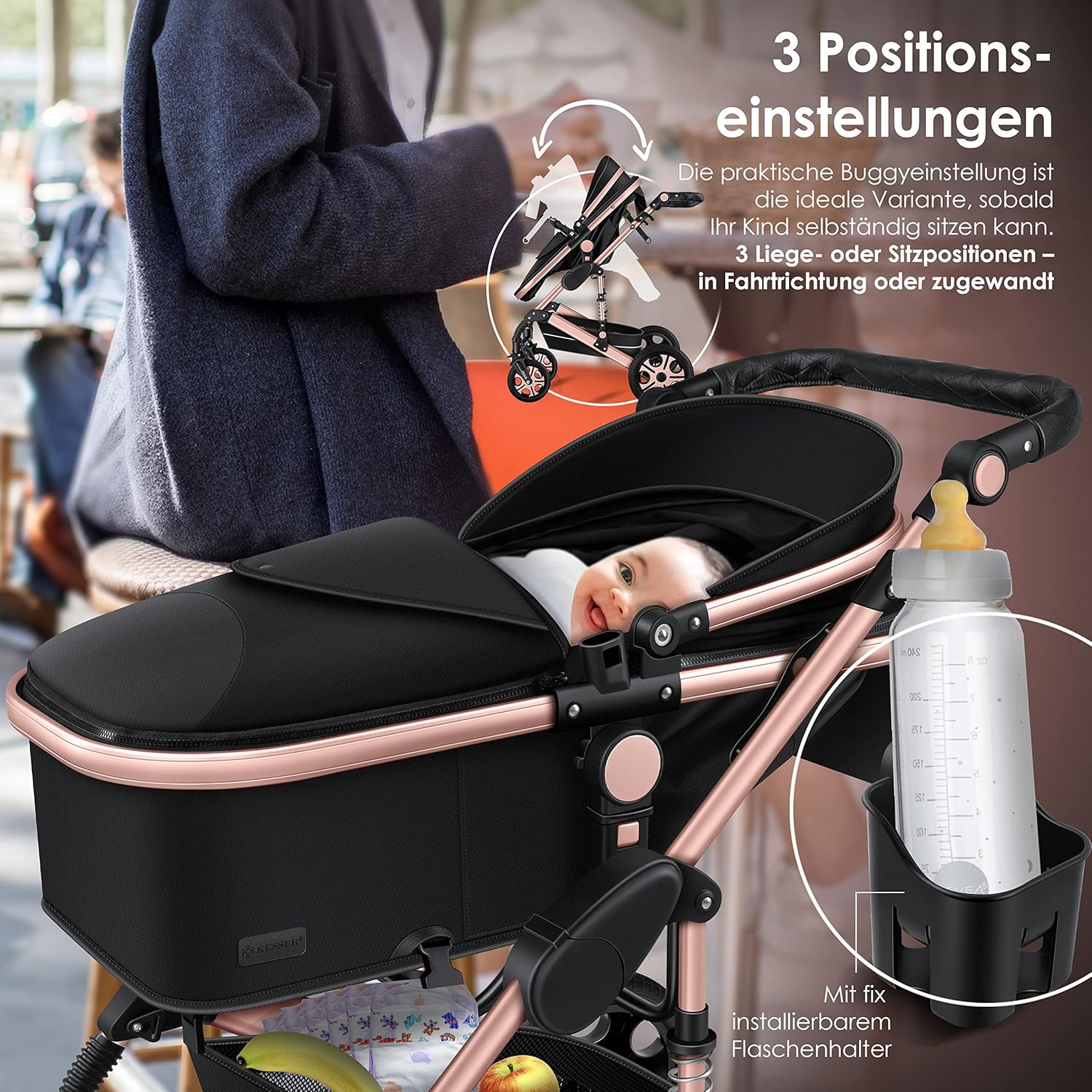 KESSER® Loops 3 in 1 Kinderwagen Kombikinderwagen Komplett-Set inkl. Babywanne & Buggy Sportsitz & Auto-Babyschale Voll-Gummireifen Wickeltasche Regenschutz Kindertisch ECE R129, Grau/Silber