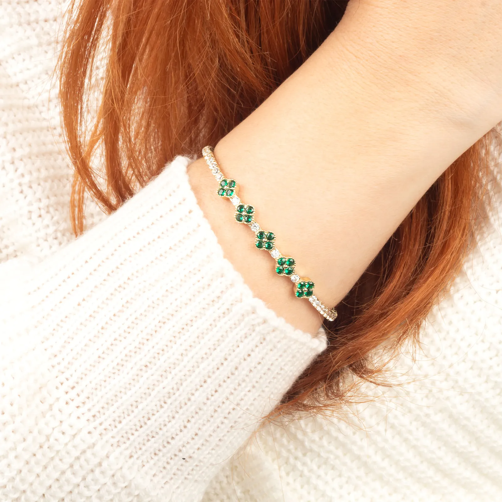 5 Emerald Clover 18K Gold Vermil Tennis Bracelet – Moissanite Flexible Bangle