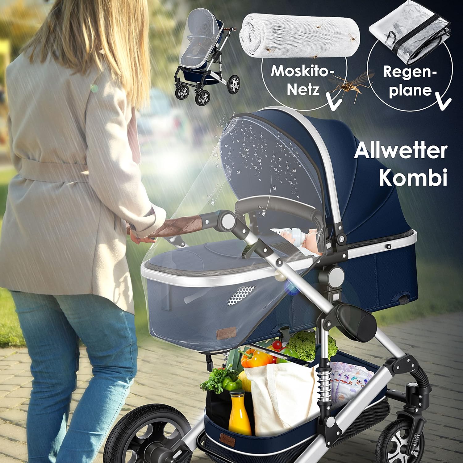 KESSER® Loops 3 in 1 Kinderwagen Kombikinderwagen Komplett-Set inkl. Babywanne & Buggy Sportsitz & Auto-Babyschale Voll-Gummireifen Wickeltasche Regenschutz Kindertisch ECE R129, Grau/Silber