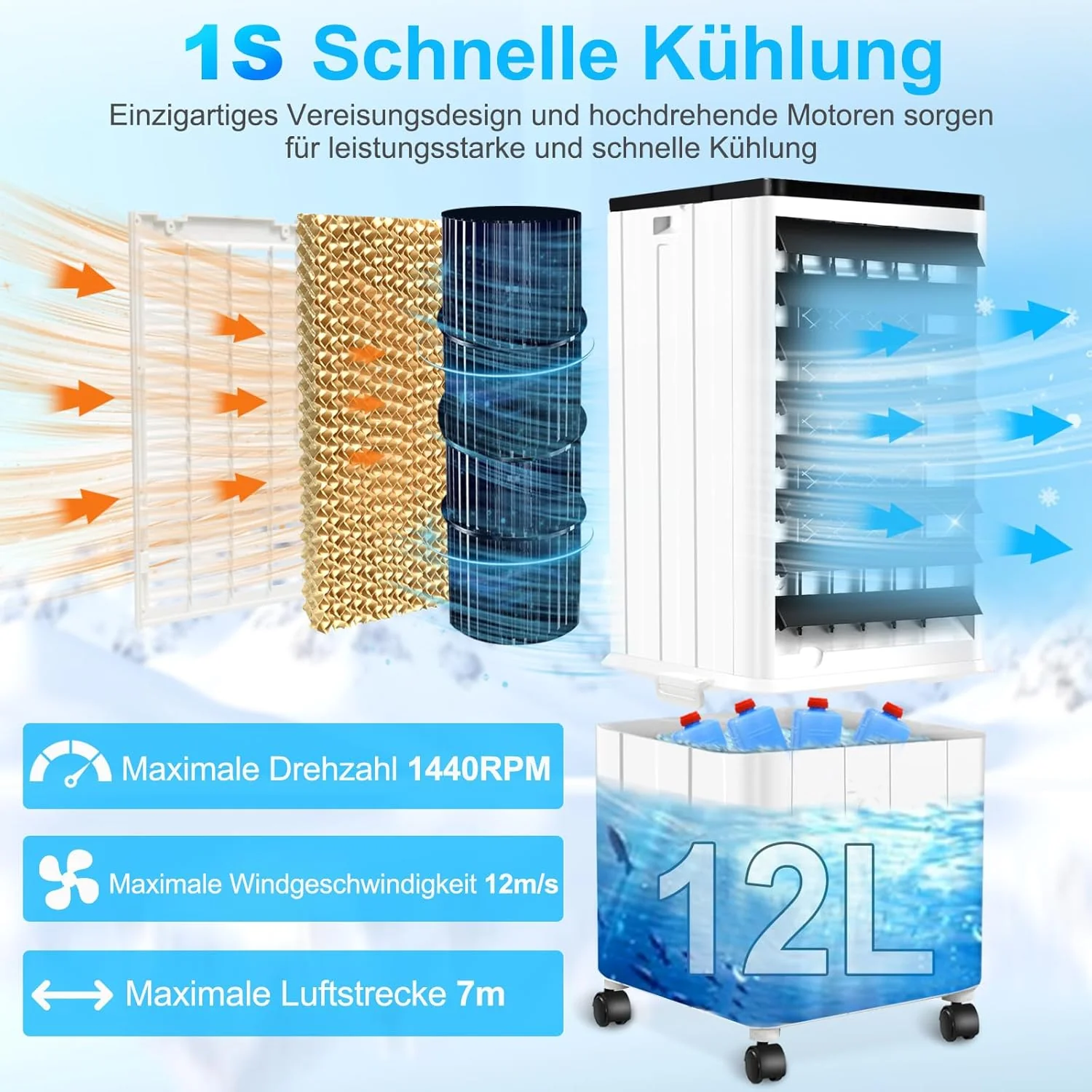 Condizionatore Portatile Senza Tubo, 12L 60W Raffrescatore Evaporativo con Timer 12H, 3 Modalità, 40dB, Oscillazione 120°, Serbatoio Acqua Rimovibile, Telecomando, Silenzioso Refrigeratore d'Aria per Casa Stanza Ufficio