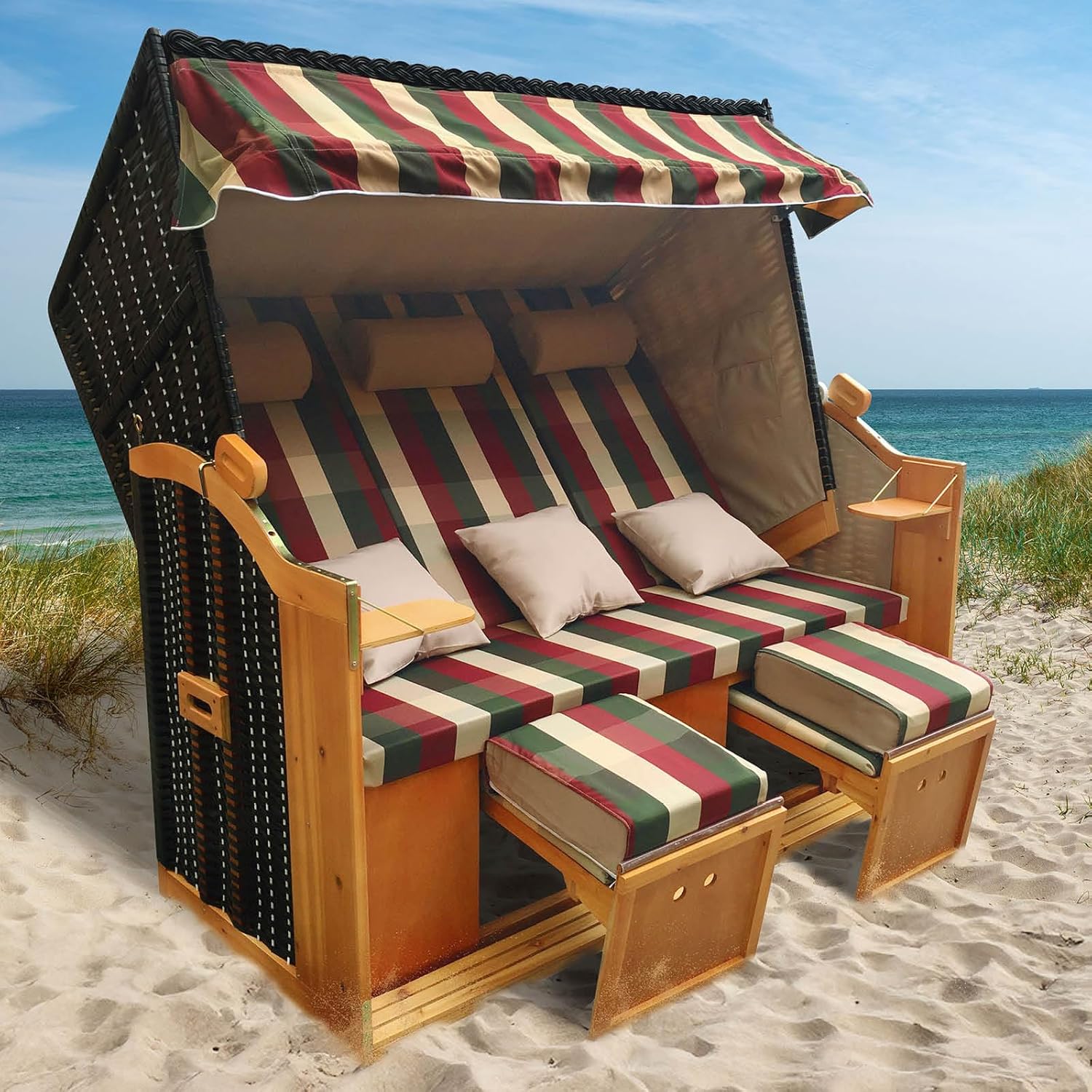 BRAST® Strandkorb Usedom 3-Sitzer XXL für 2-3 Personen | 165cm breit | 5 Designs | inkl. wetterfeste Abdeckhaube | verstellbare Rückenlehne Fußkissen | Rot/Grün/Beige - kariert