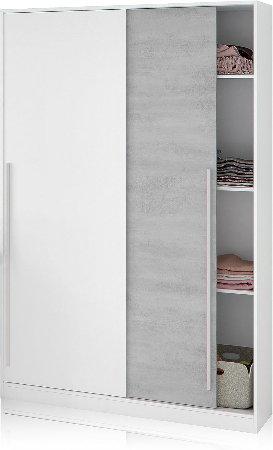 Habitdesign Wardrobe with 2 Sliding Doors with Shelves and Bar, 200 x 120 x 50 cm (H x W x D – cm, White Artik and Cement, Model Indira