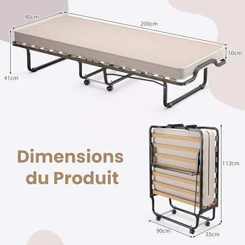COSTWAY Letto Pieghevole, Beige, 90x200cm Matelas 10cm : Casa e cucina