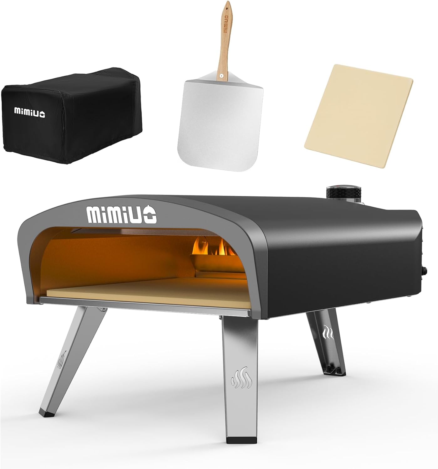 Mimiuo Gas Pizzaofen mit Pizzastein und Pizzaschaufel, mobiler Pizzaofen, Tragbar Pizza Ofen für Terrasse und Balkon, Pizzaofen für den Garten, outdoor, Gas Pizza Oven, Schwarz