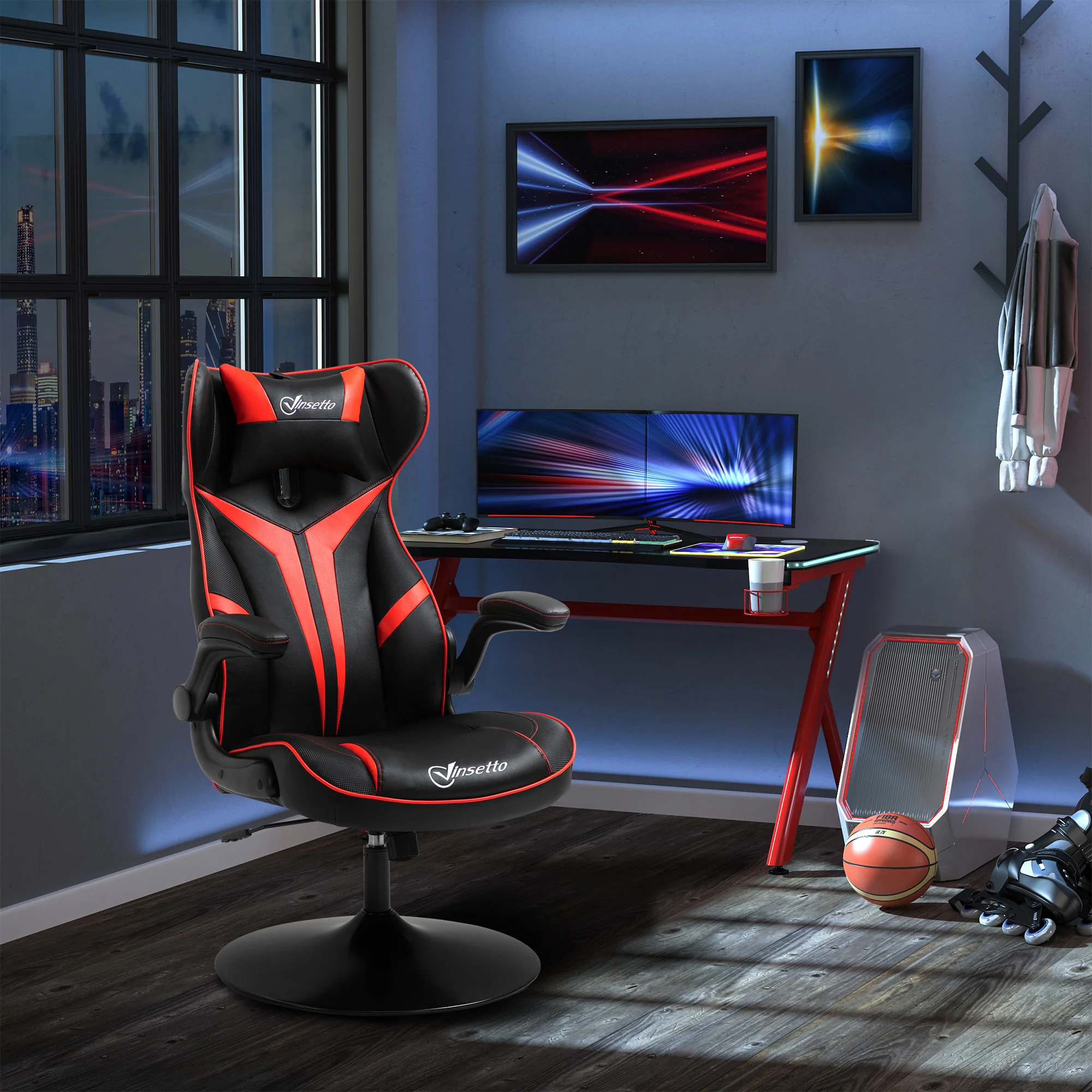 Vinsetto gamestoel ergonomische computerstoel met kantelfunctie draaistoel in hoogte verstelbaar staal zwart + rood 67 x 75 x 106-112 cm